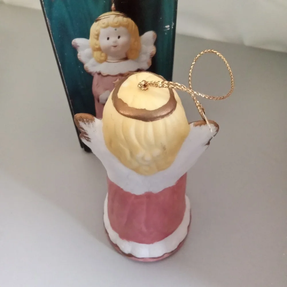 Vintage Porcelain Holiday Angel Bell Ornament Handpainted Pink Dress Wreath Box